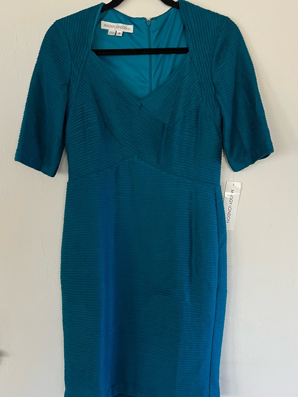 Maggy London Teal Textured V-Neck Midi Sheath Dress